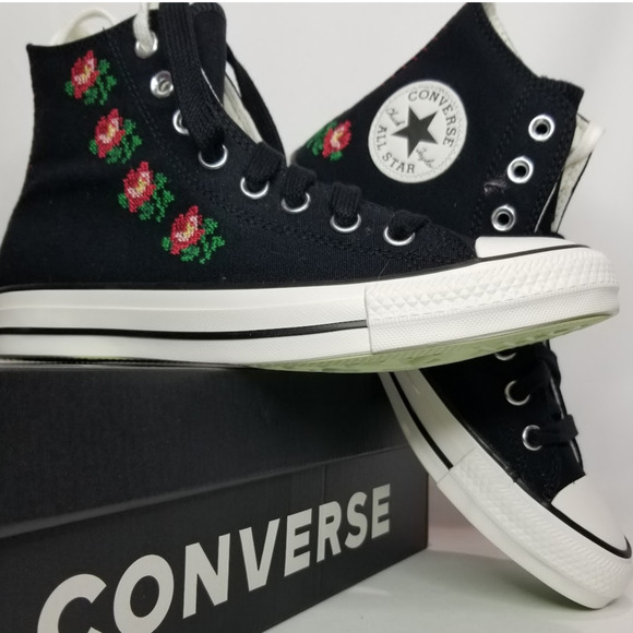 Converse Shoes - Converse Women's CTAS Rose Cross Stitch Hi Tops Size 8 Black Red A13657C NWT